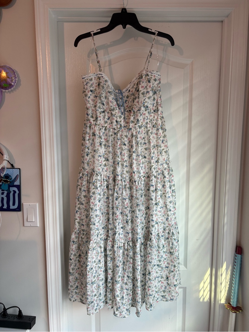Altar'd State White Floral Tiered Midi Dress with Pastel Accents
